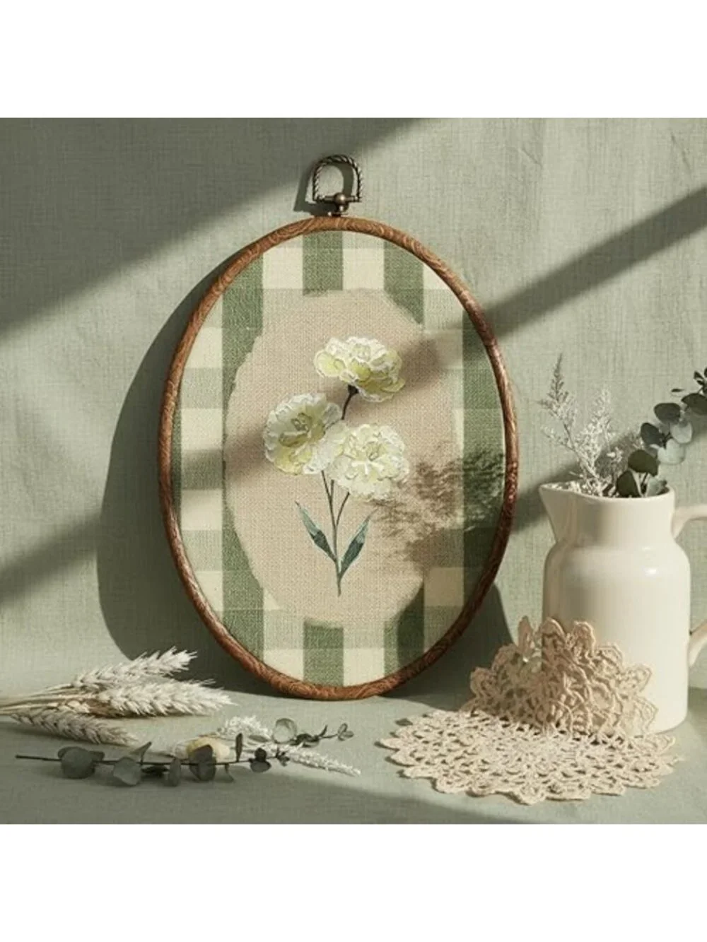 Botanical Flower Oval Wall Art - Green Gingham Cottage Decor for Farmhouse